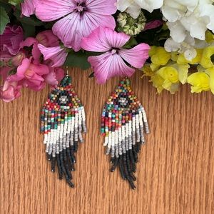Boho Multicolour Fringe Beaded Earrings 60s 70s